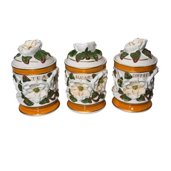 Vintage Other - Vintage Floral Ceramic Canister Set-3-D Floral Design Coffee Tea Sugar
